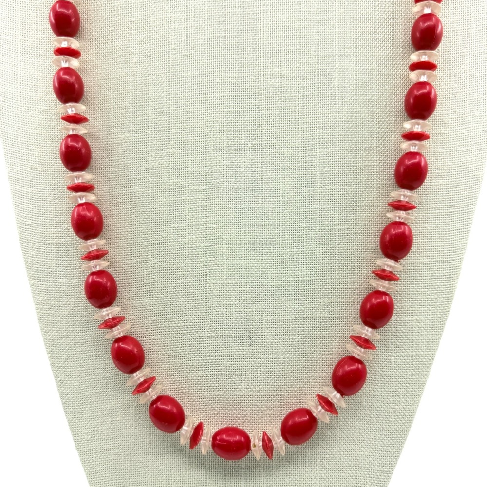 Vintage Coral Bead Necklace Red Oval Spacer Boho Opera Flapper